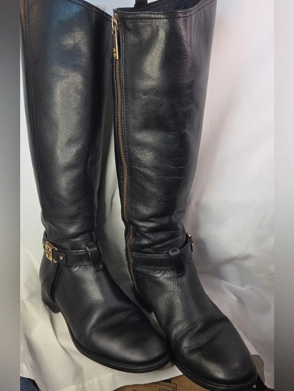 Tory Burch Alessandra Black Leather Tall Riding Boot Gold Hardware Sz 8M Classic